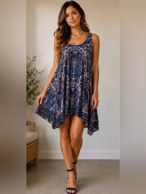 Free People XS Navy Paisley Print Slip Tunic / Mini Dress